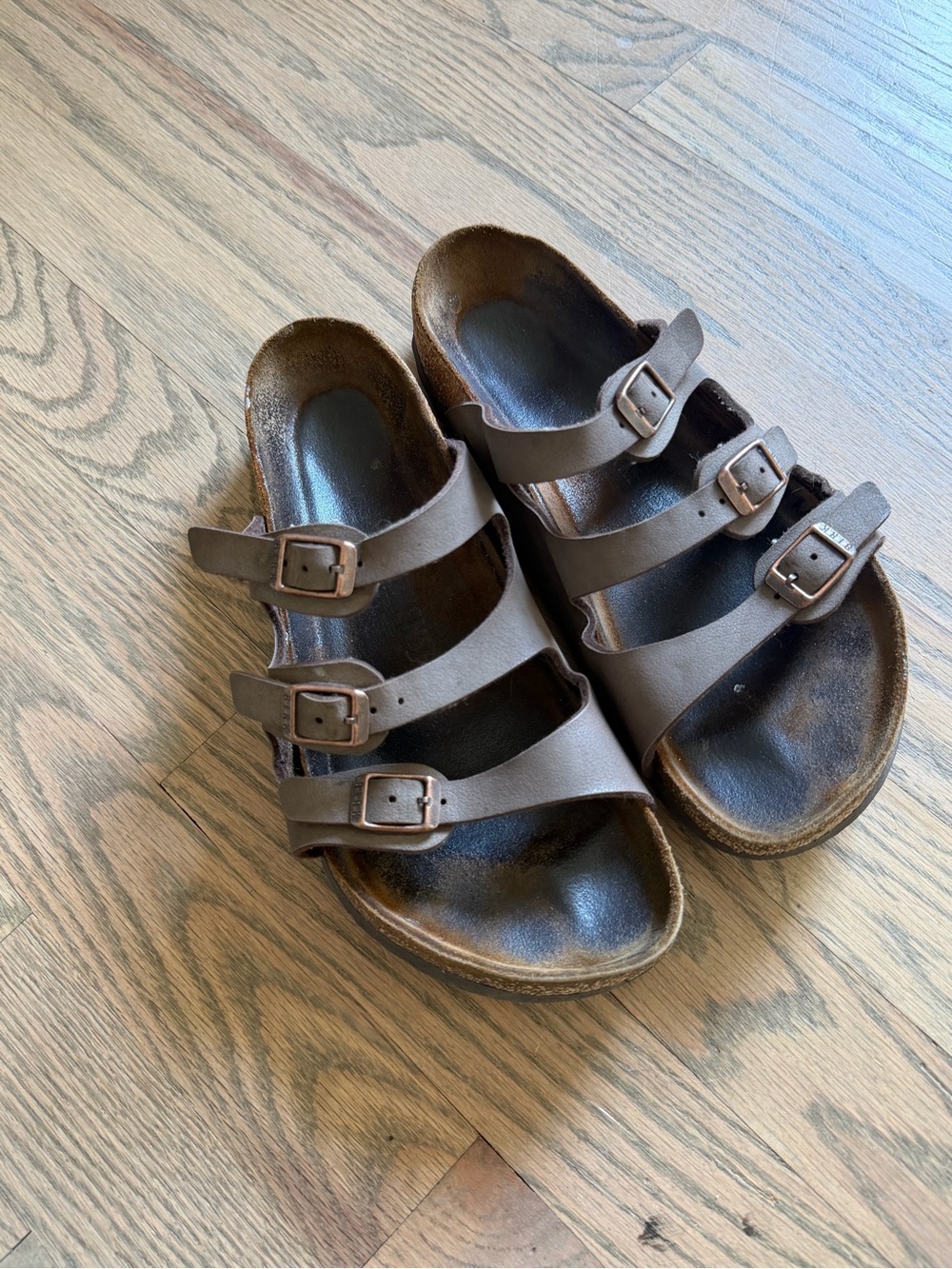 Birkenstock Three-Strap Brown Leather Slide Sandals